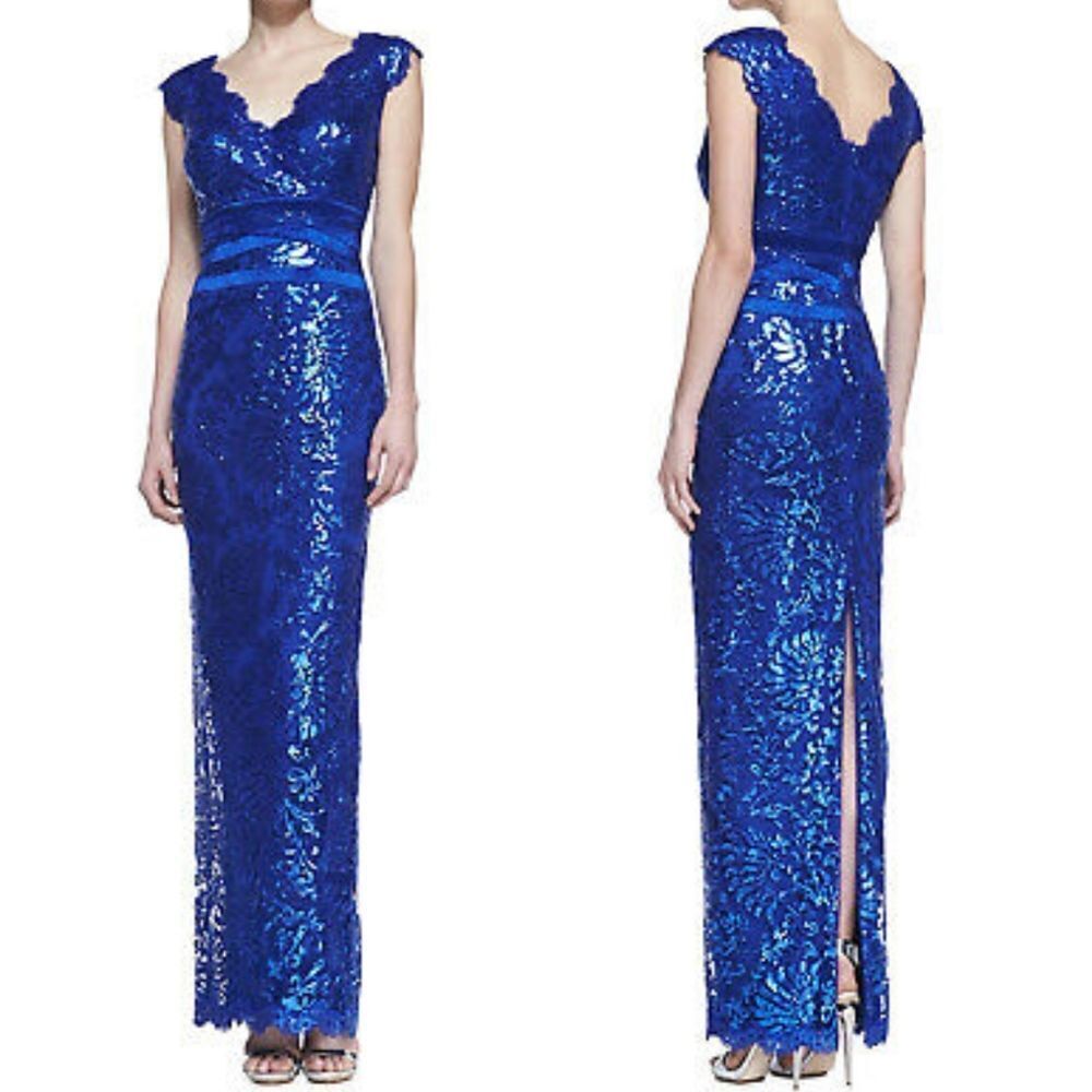 TADASHI SHOJI Paillette Embroidered Lace Banded Waist V-Neck Gown 14 - Picture 12 of 12